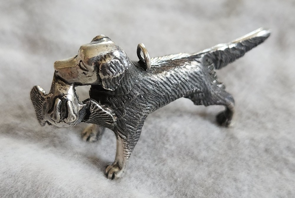 RARE KIRK & SON Solid Cast Sterling Silver Miniature Retriever with Duck & Bale