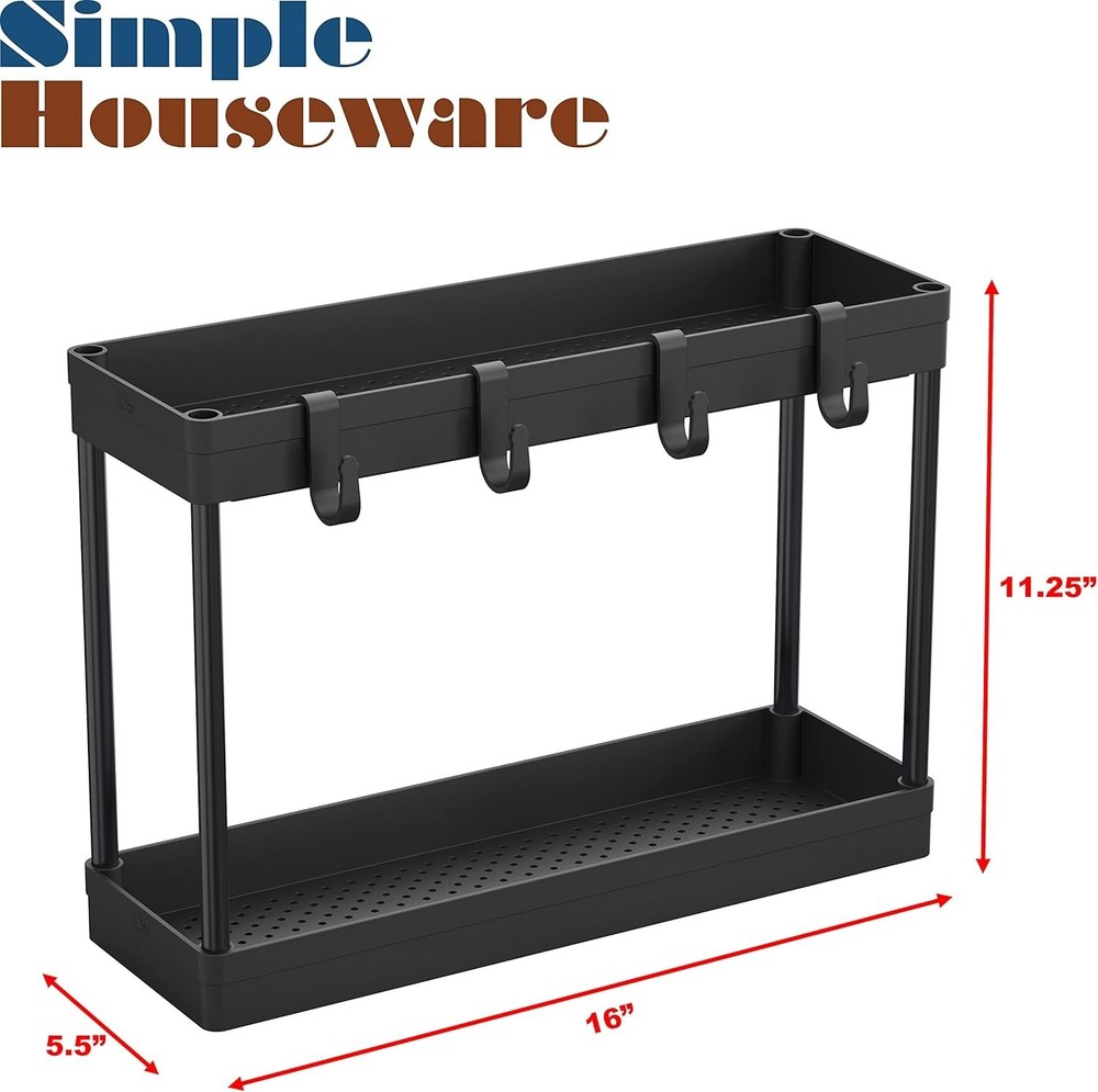 2-Tier Under Sink Organizer Storage Tray with Hooks Black