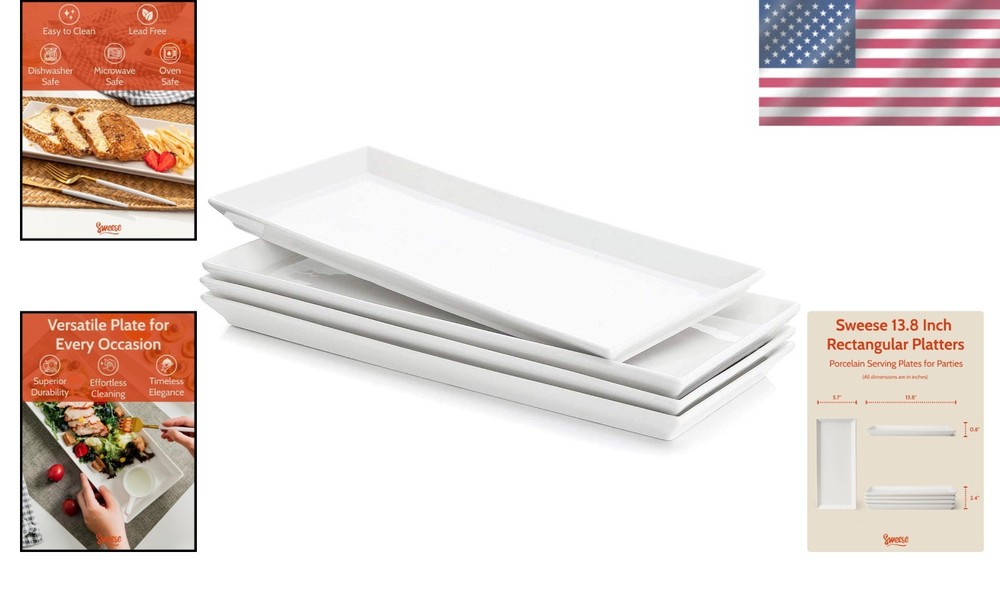 Rectangular Porcelain Platters, Serving Trays for Parties, 13.8 Inch Large Servi