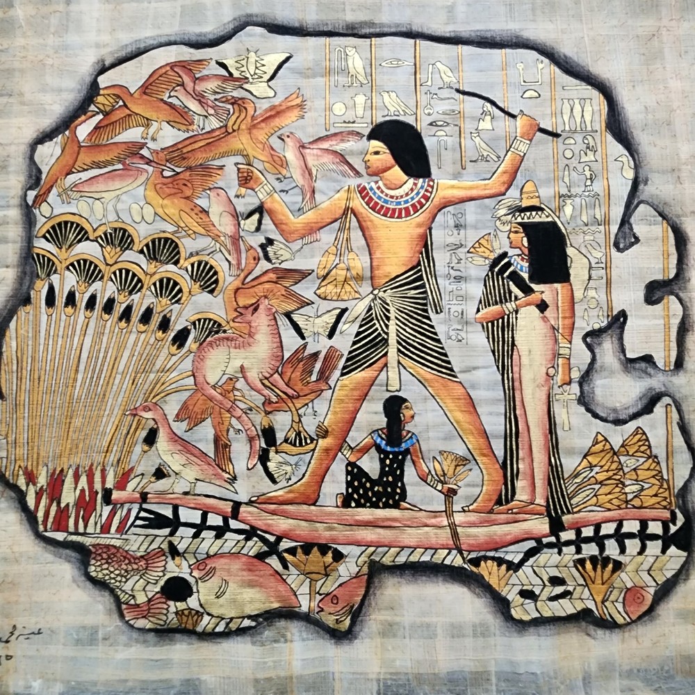 Hand Painted Authentic Ancient Egyptian Papyrus Replica From Temple Walls Signed