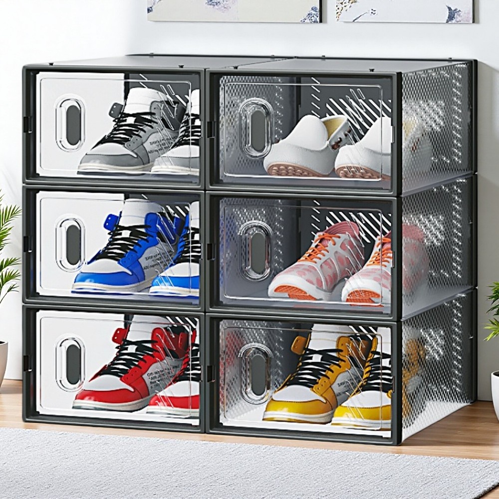 6-Pack Shoe Storage Boxes - Stackable, Plastic Mesh, Door, Black & Small Size