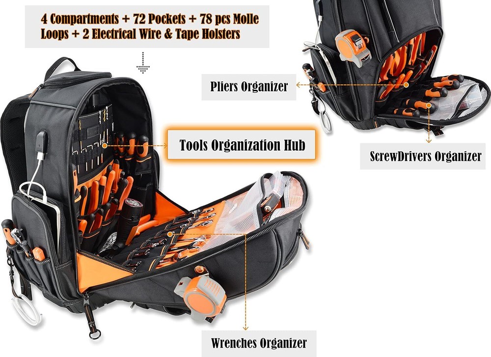 72Pockets Rolling Tool backpack, Large tool bag with wheels, Rolling Electrician
