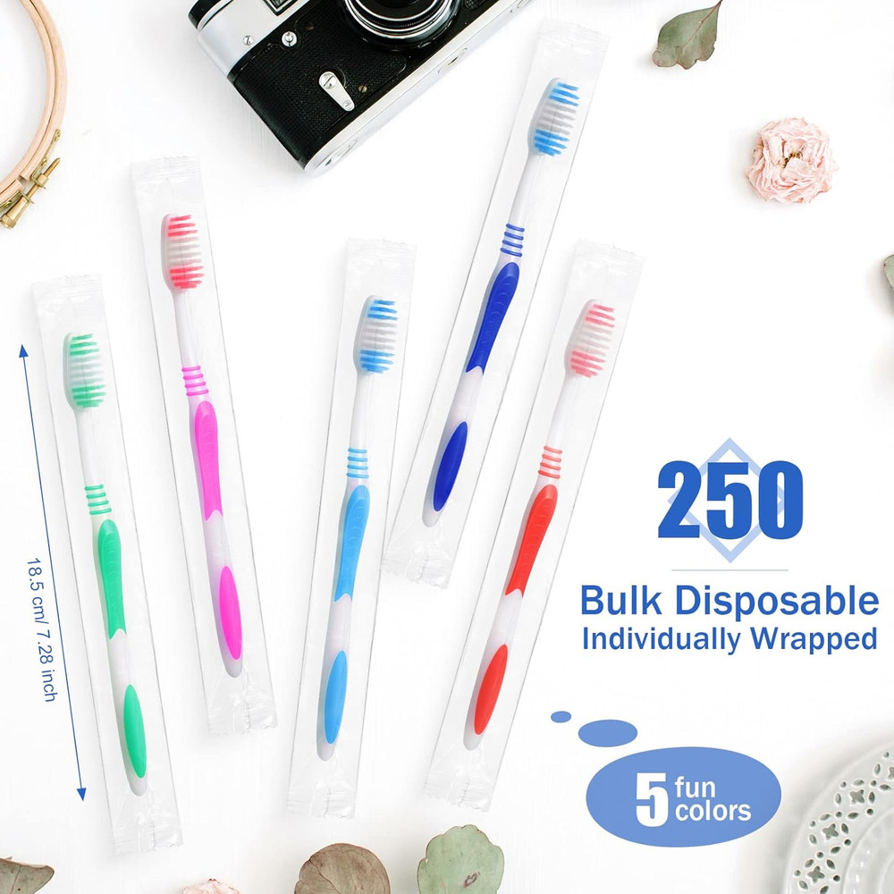 250 Packs Individually Wrapped Toothbrushes Disposable Bulk Toothbrushes Soft Br