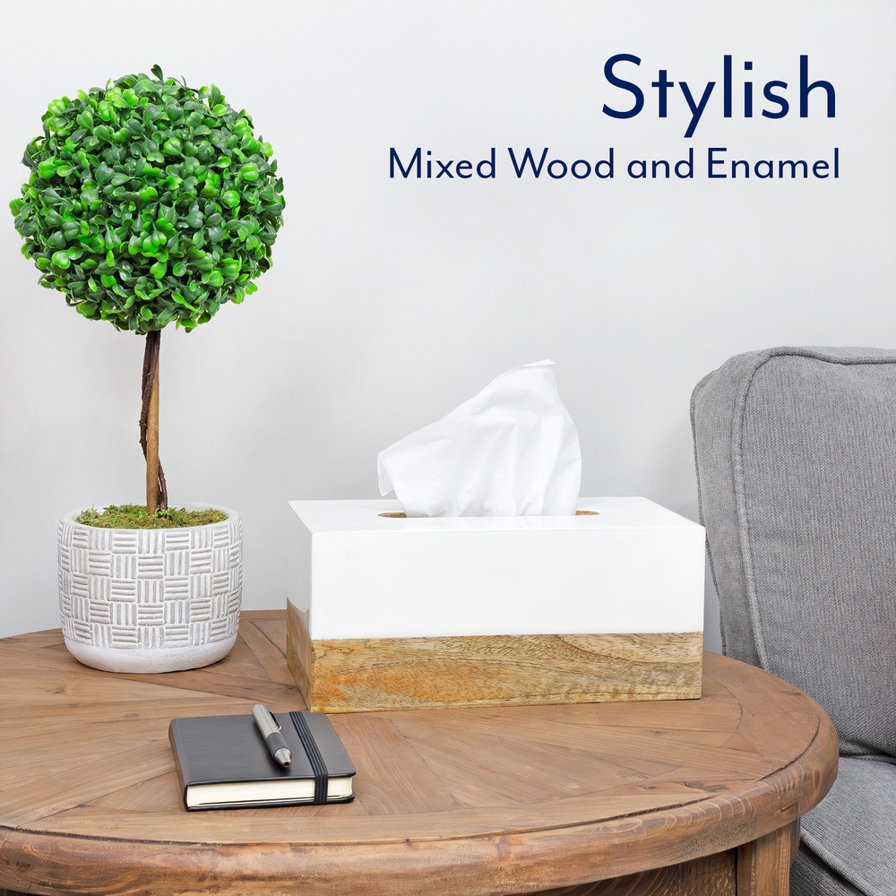 White Enamel/Mango Wood Rectangular Tissue Box Cover; Scandinavian Decor Oblong