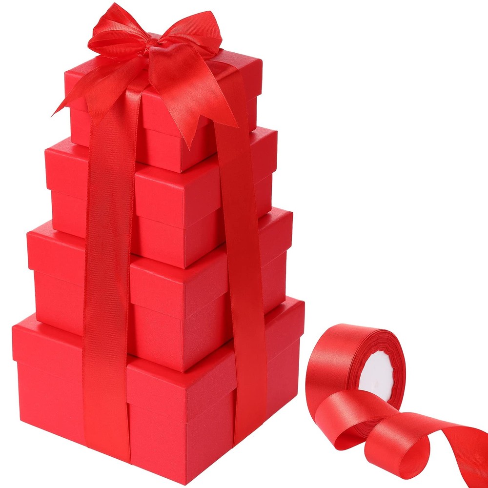 4PCS Valentine Nesting Gift Boxes Square Decorative Ribbon Red