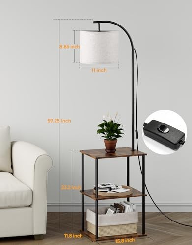 Floor Lamp with Table, Night Stand with Lamp, Narrow Side Table Rustic Brown
