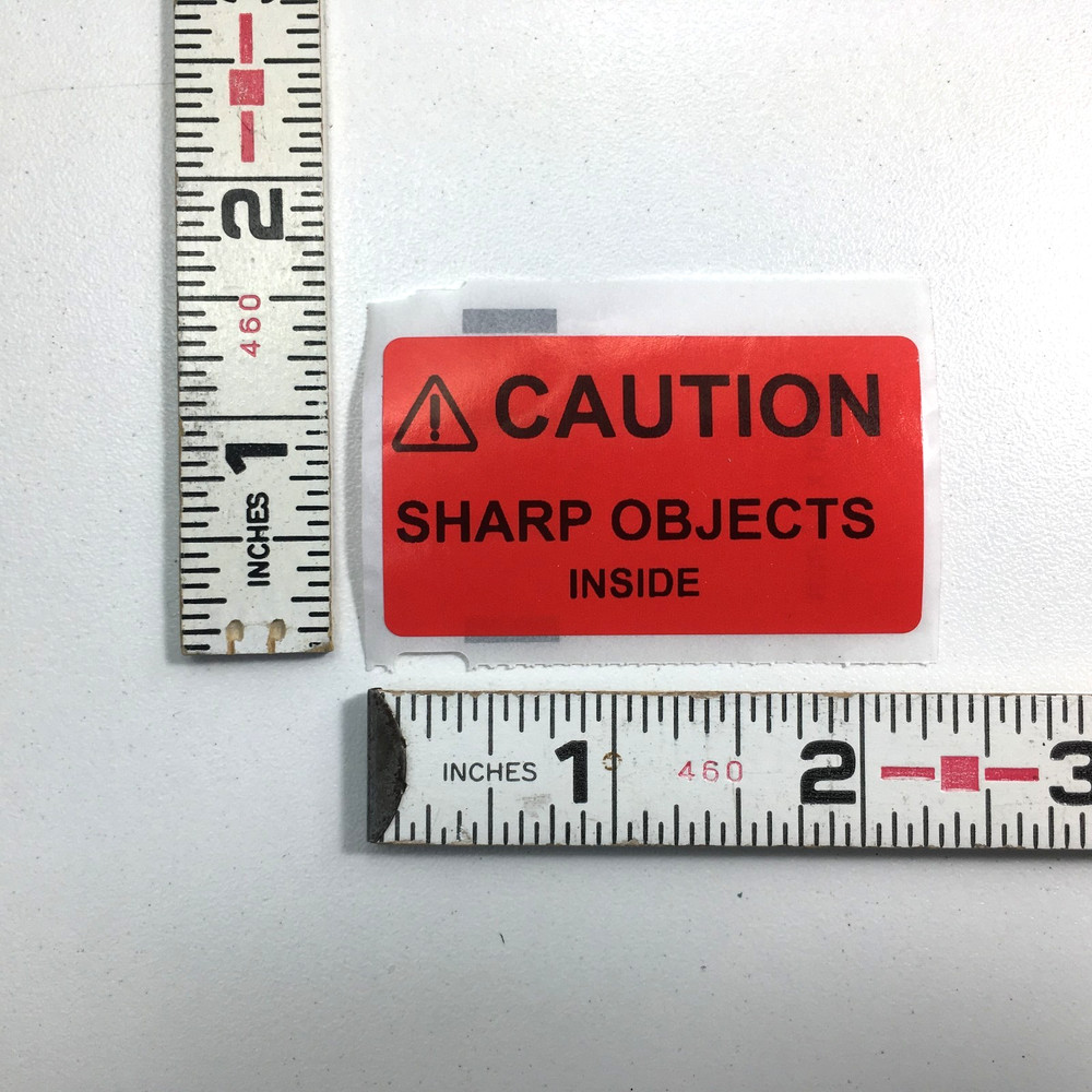 ⚠CAUTION SHARP OBJECTS INSIDE Warning Sticker Label RED 2.25" L x 1.25" H