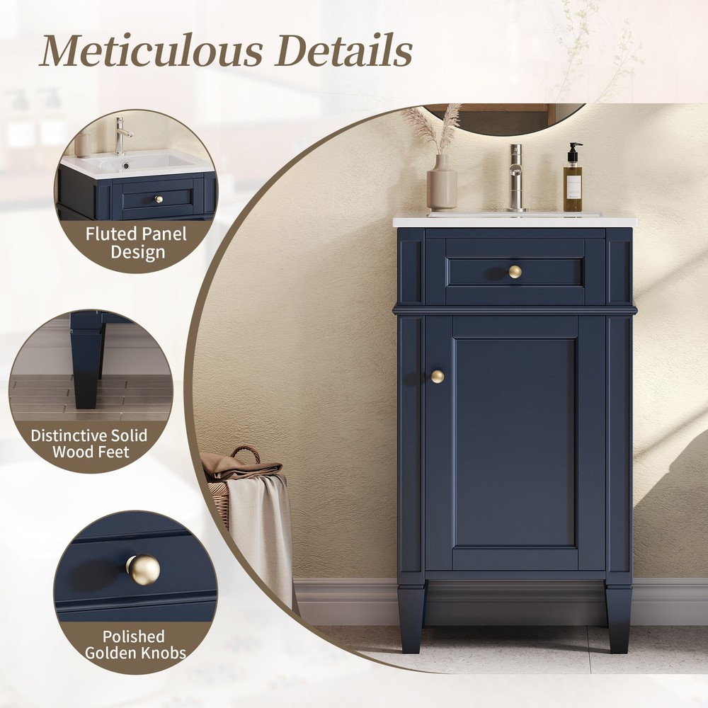 FUNIDEE 18" Single Bathroom Vanity Storage Cabinet with Ceramic Sink Combo Blue