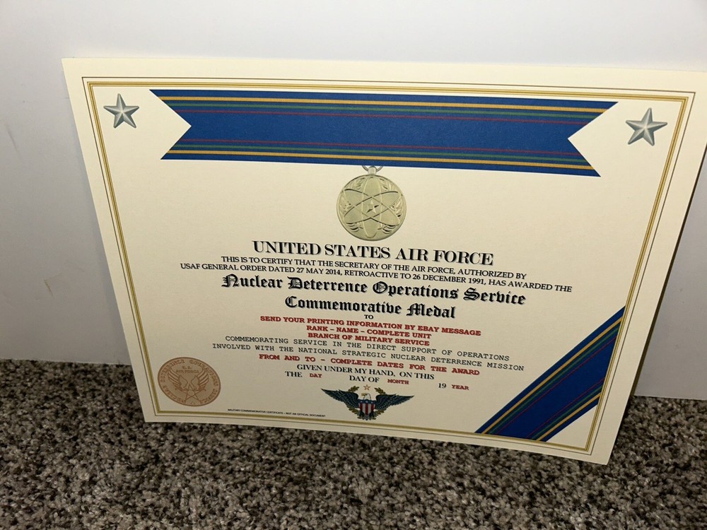 NUCLEAR DETERRENCE OPERATIONS MEDAL COMMEMORATIVE CERTIFICATE ~ W/PRINTING T-1