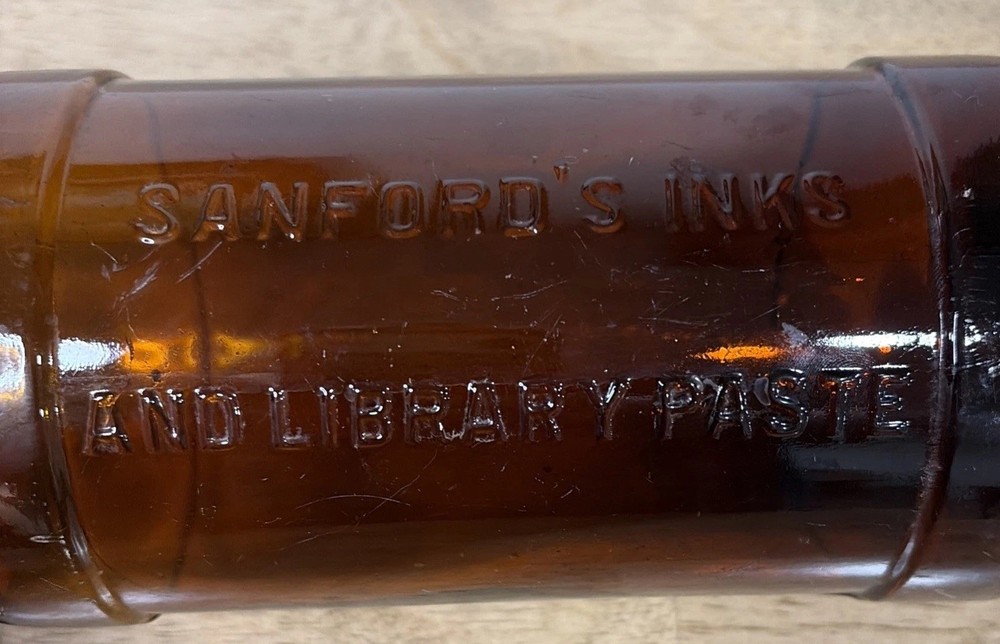 Antique Sanford’s Inks & Library Paste One Quart Bottle Embossed Amber 9.5”x3.5”