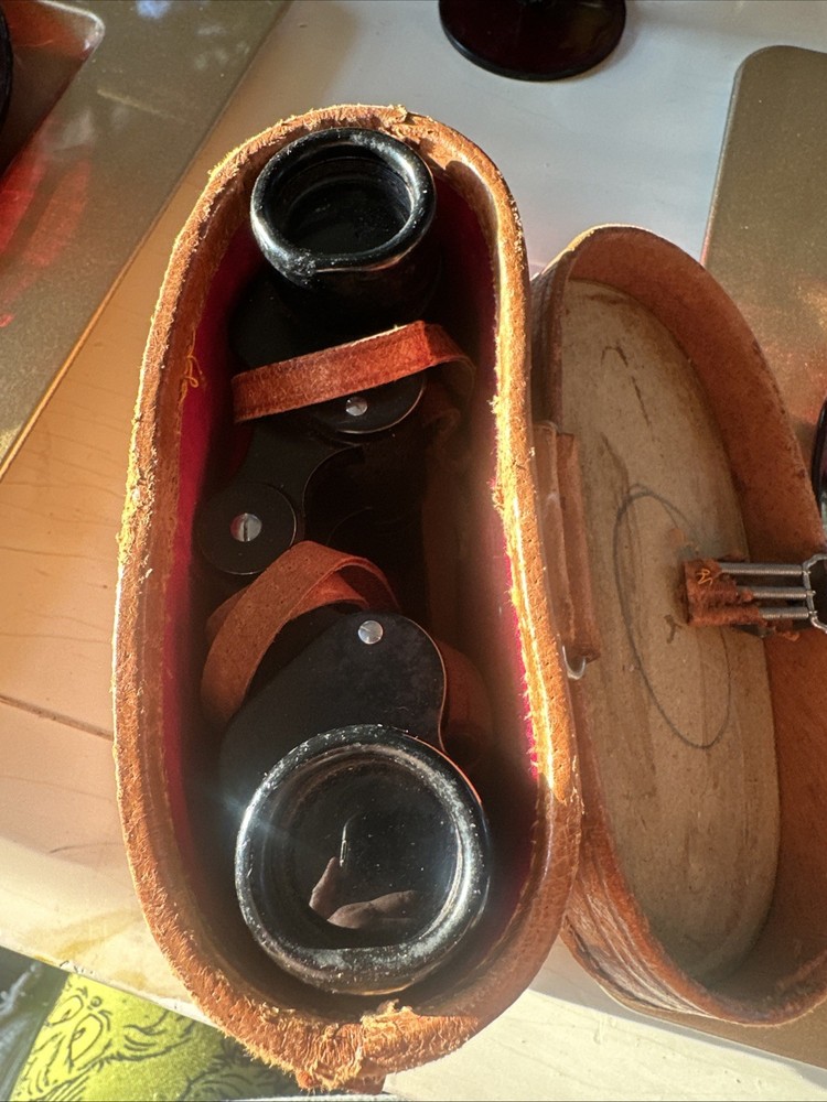 Vintage Brown Leather Binocular Case, Red Lining With Binoculars
