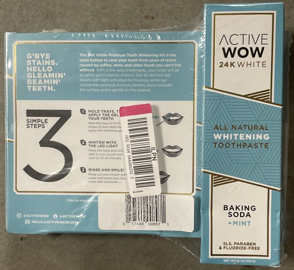 Active Wow Teeth 24K White Premium Whitening Kit, Toothpaste, Pen, Sealed