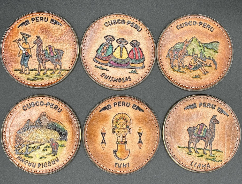 Cusco Peru Leather Coaster Set Embossed Colored Leather Set Of 6 Different Scene