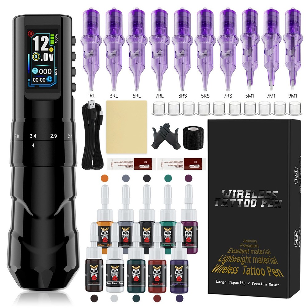 TUFFKING Tattoo Machine Kit Wireless Pen Battery Needle Inks Adjustable Stroke