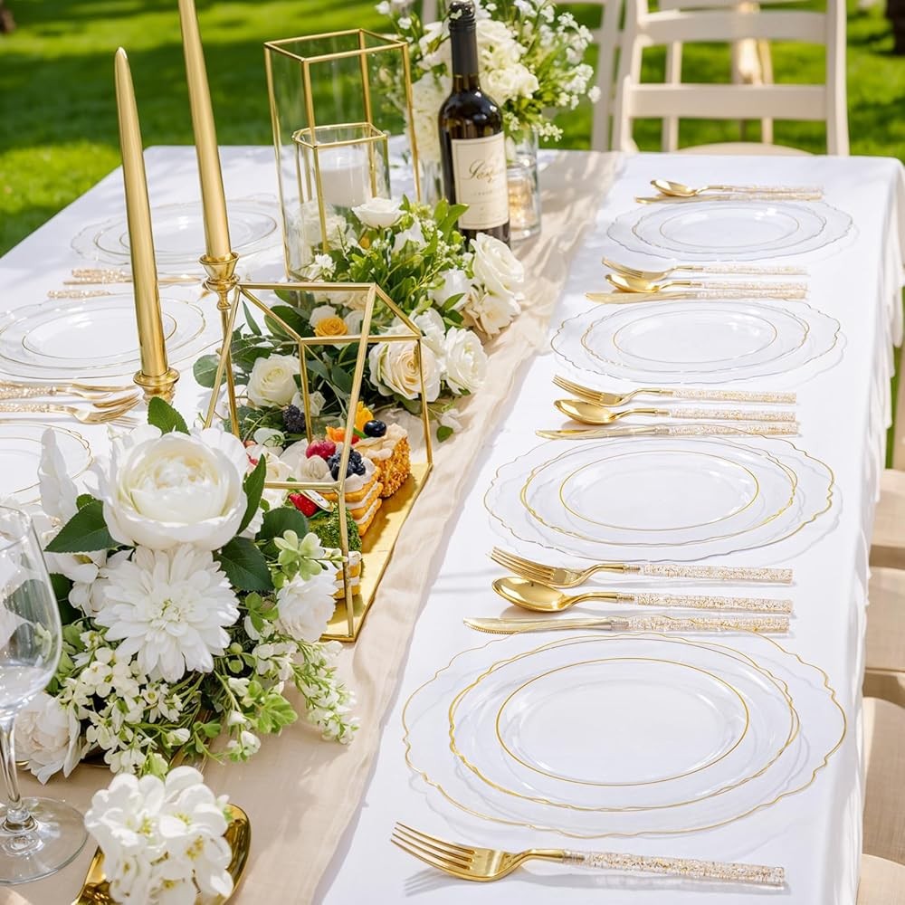 Clear Gold Plastic Plates - Disposable Plastic Sierware with