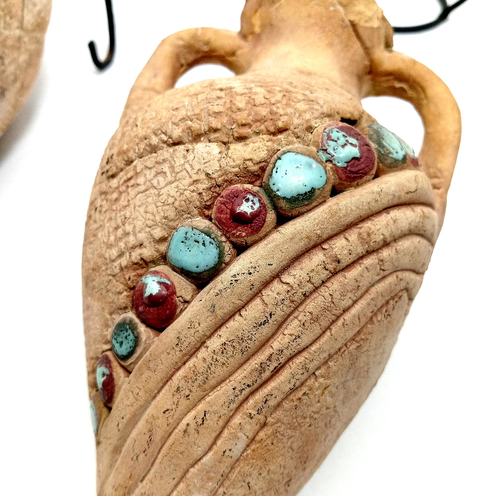 2 Aged Stoneware Cone Pointed Bottom Vases Terracotta Pottery Turquoise Accent