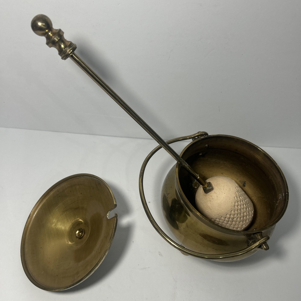 Vintage Solid Brass Smudge Pot Fire Lighter w/ Long Rod & Bail Handle