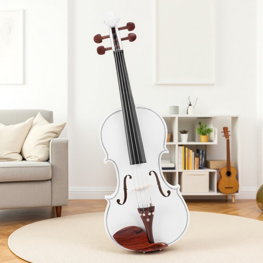 4/4 Solid Spruce Top Acoustic Beginner Violin Set - Tuner, White, Shoulder Rest