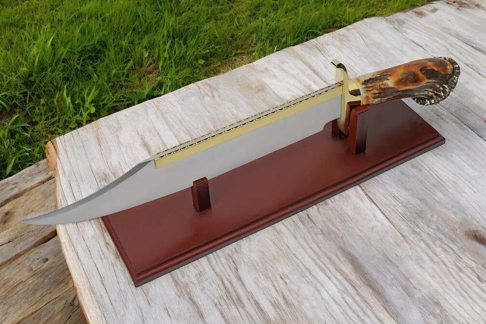 Bowie Knife | Big Crown Stag Handle Hunter Filework Blade + Display Stand