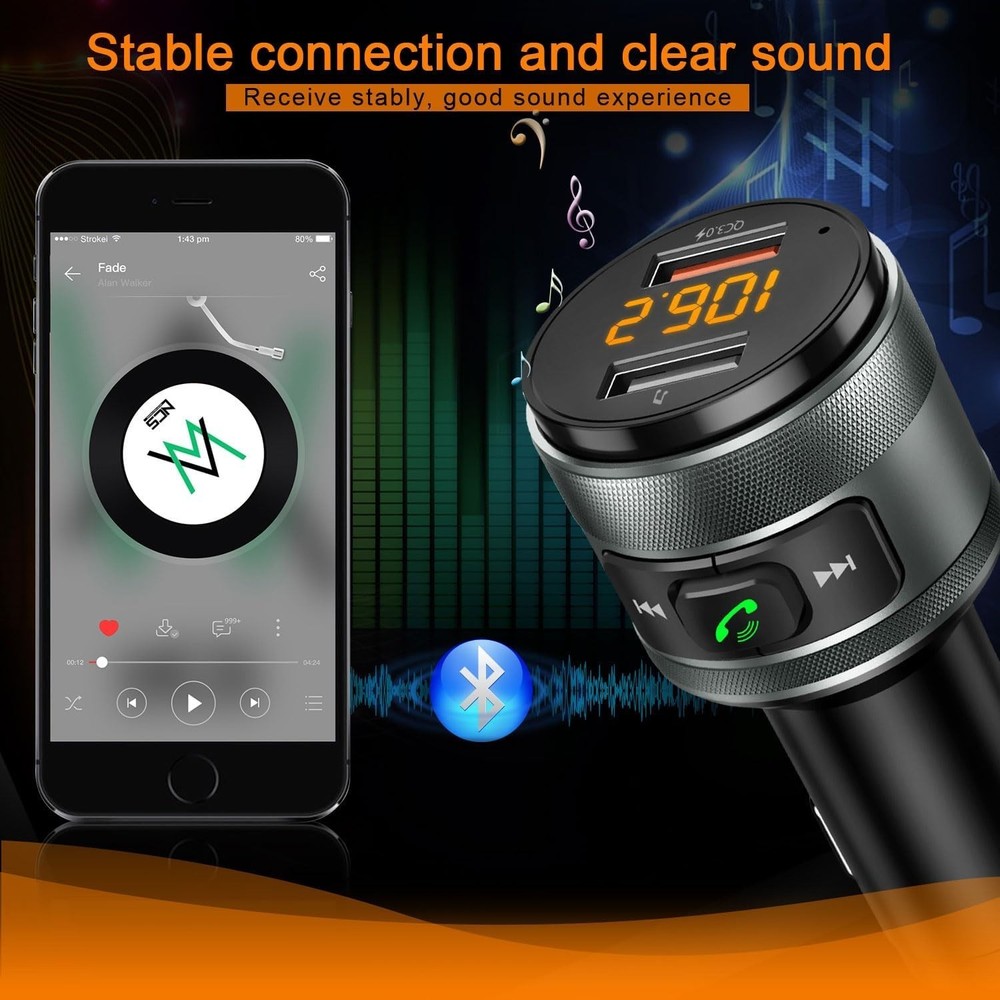 Bluetooth 5.4 Wireless FM Transmitter with Multi-Safety Protection & LED Display