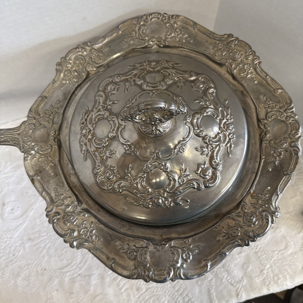 Vtg Silver Chafing Dish With Handle/Cover Pyrex Bowl