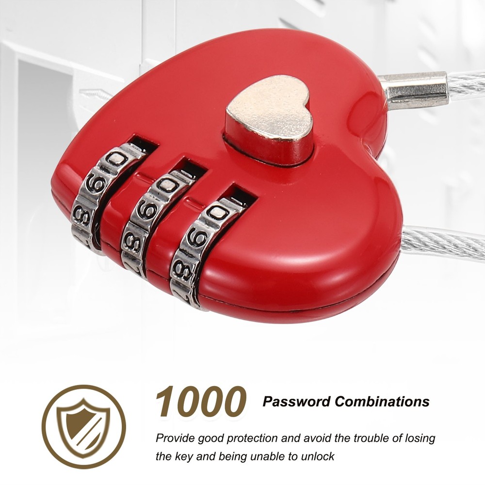 1-Pack Combination Padlock, 3 Digit Heart Shaped Cable Luggage Lock [Red]