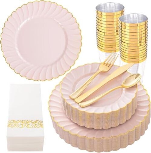 Scalloped Plastic Plates - Gold Disposable Dinnerware Set Include 175PCS Pink