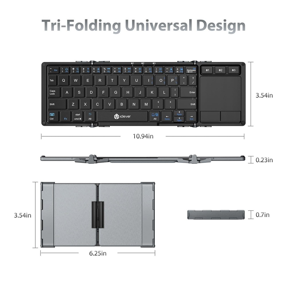 Foldable Keyboard with Touchpad, BK08 Portable Tri-Folding Bluetooth Keyboard