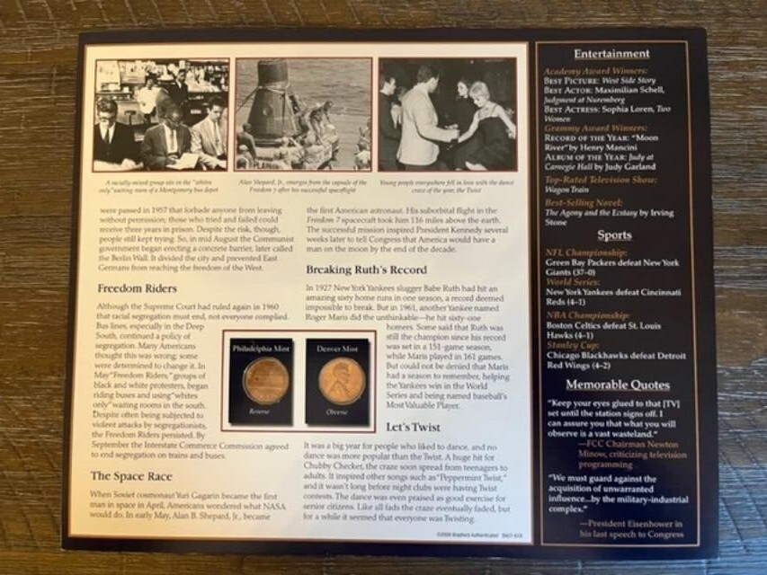  BRADFORD AUTHENTICATED 1961 LINCOLN MEMORIAL CENT PANEL