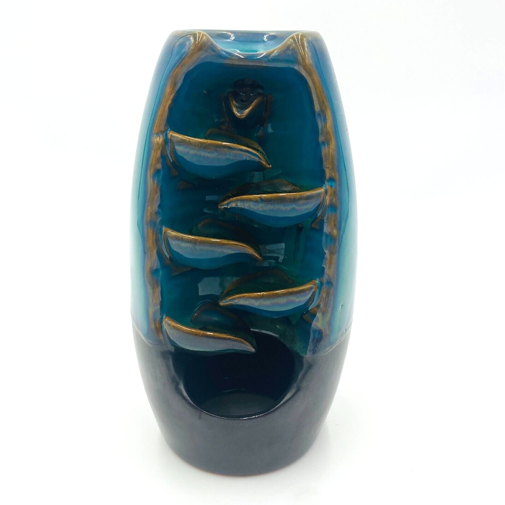 Ceramic Backwards Flow Waterfall Incense Burner, Blue 8" Tall