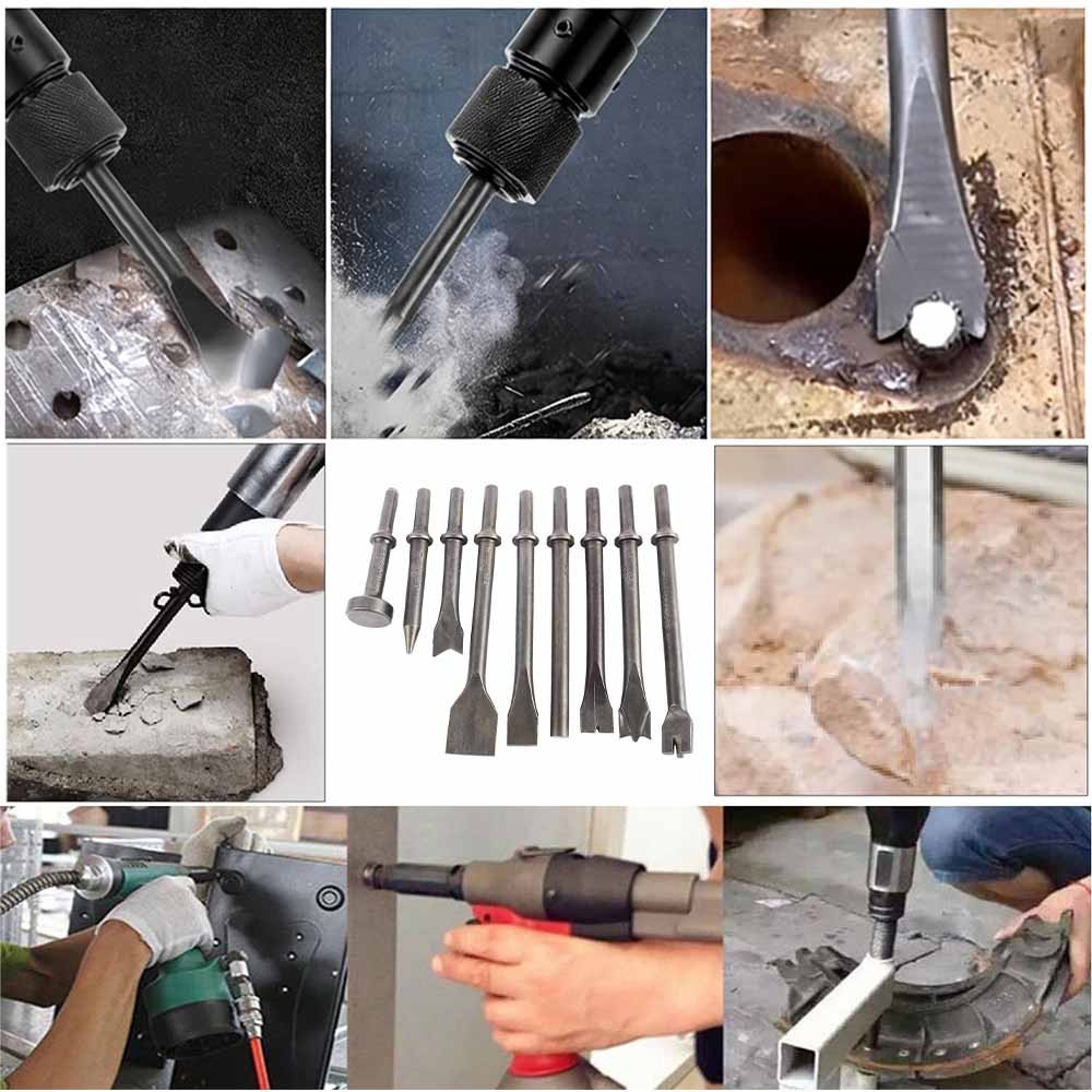 9Pcs Pneumatic Air Hammer Punch Chipping Bits Tool Chisel 0.39In Shank Tool Set