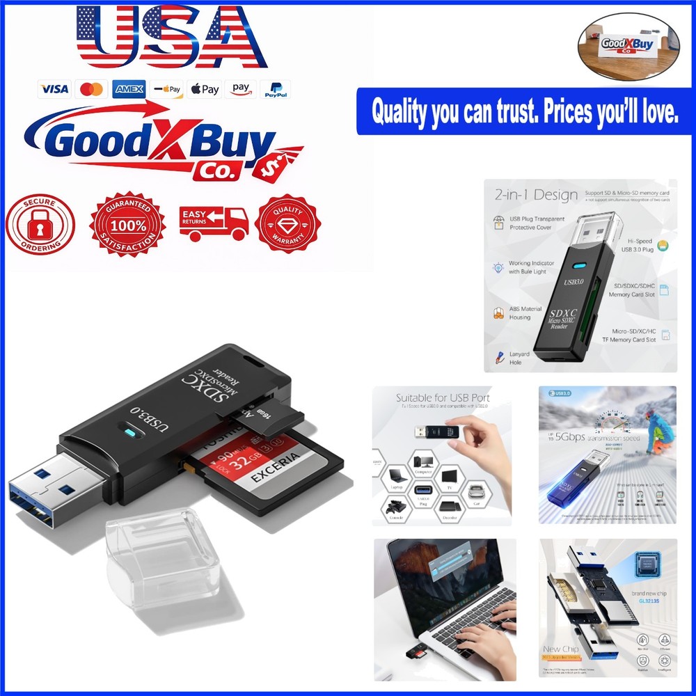 USB 3.0 Dual Slot Micro SD & SD Card Reader 5Gbps for Windows, Mac, Linux, An...