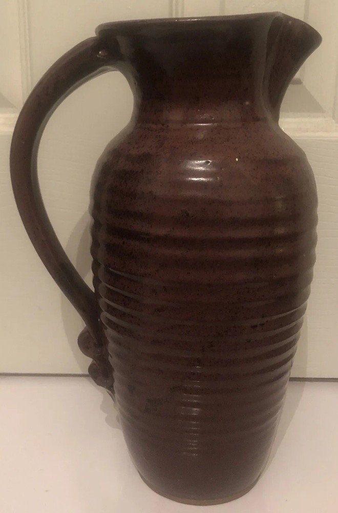 Art Pottery Ceramic Pitcher Rustic Drip Glaze Ribbed Pattern Scroll Handle 11.5”