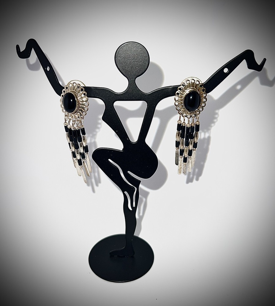 Sterling Silver Black Onyx Tassel Dangle Post Earrings
