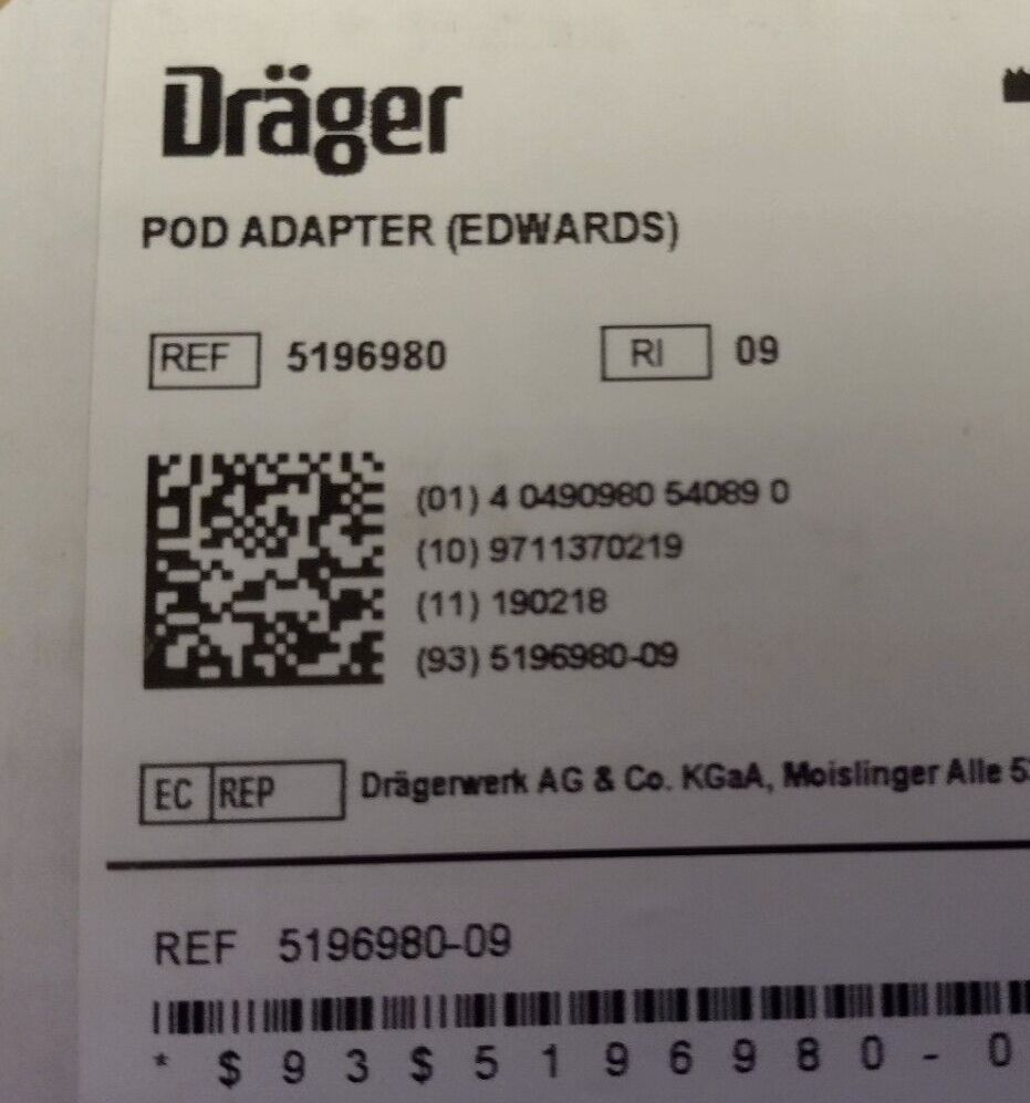 Draeger Pod Adapter REF 5196980 - NEW