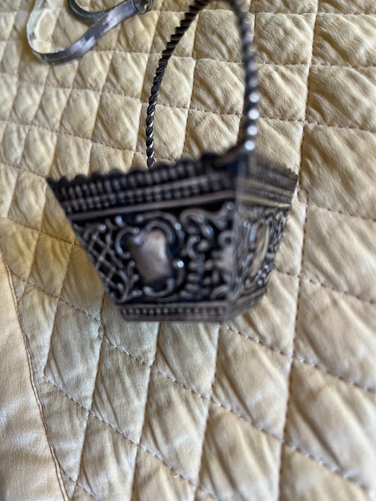 Antique small silver basket diagonal handle marks under almost 2 3/4 w handle