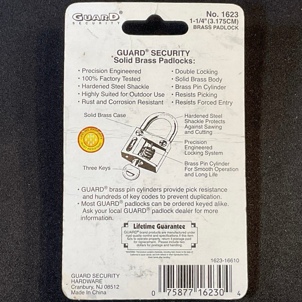 Guard Security General Purpose Solid Brass Body Padlock 3 Keys Pick Resistant