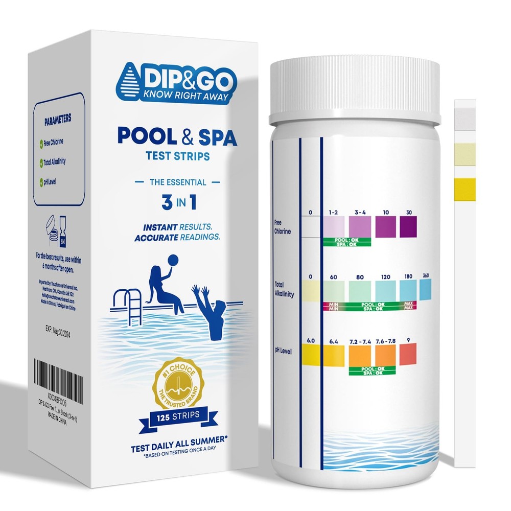 Test Strips for Pool & Spa  125 Count 3in1 Kit for pH, Chlorine, Alkalinity