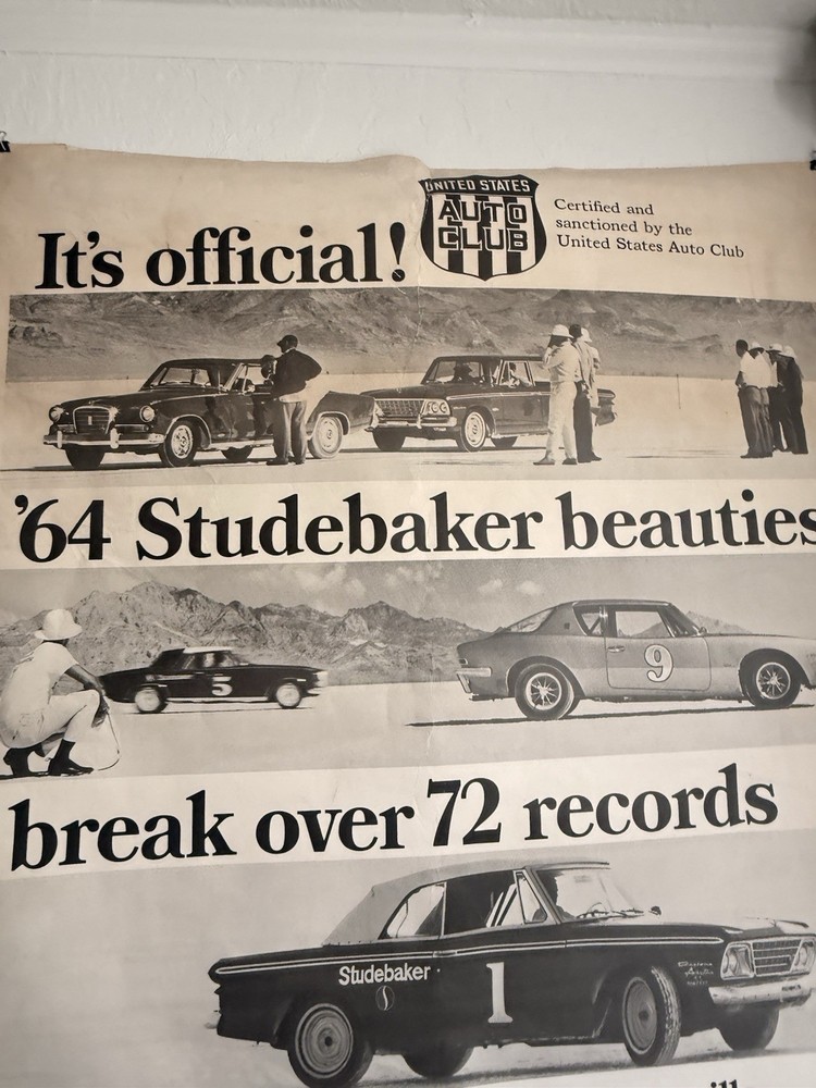 1964 Studebaker Hawk, Avanti, an supercharged Lark performance testing poster.