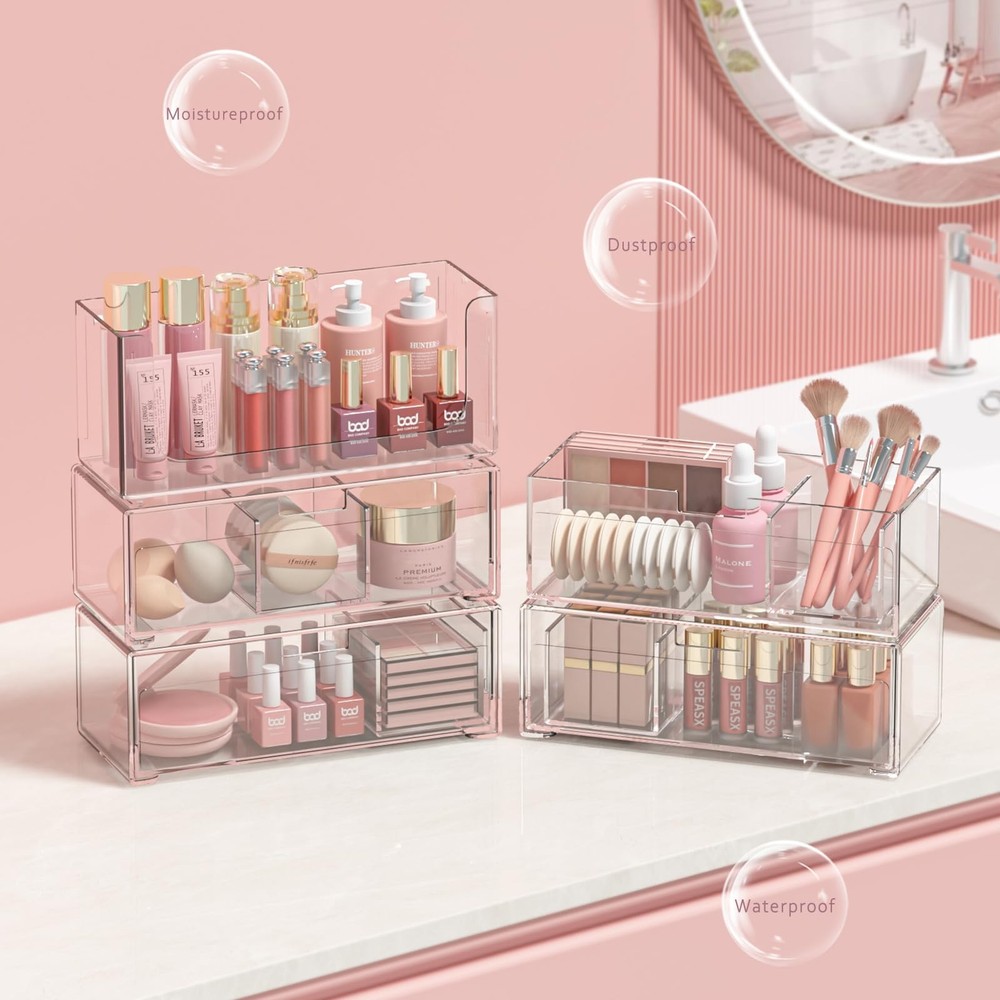 Bathroom Drawer Organizer Stackable Storage Drawers Clear Plastic Storage Bin...