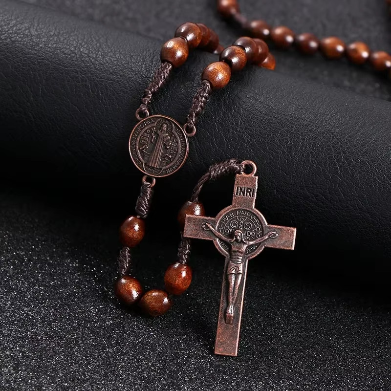 Christ Jesus Wooden Beads 8Mm Rosary Bead Cross Car Pendant Woven Rope Chain Nec
