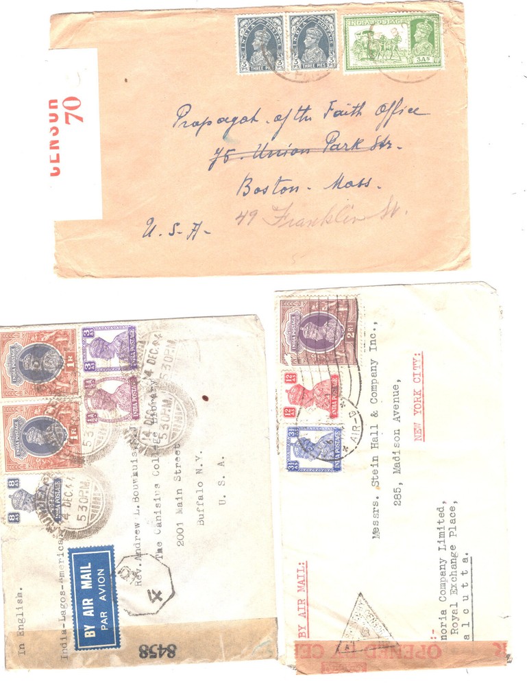 India   3  censor  covers,  nice markings,  to  US