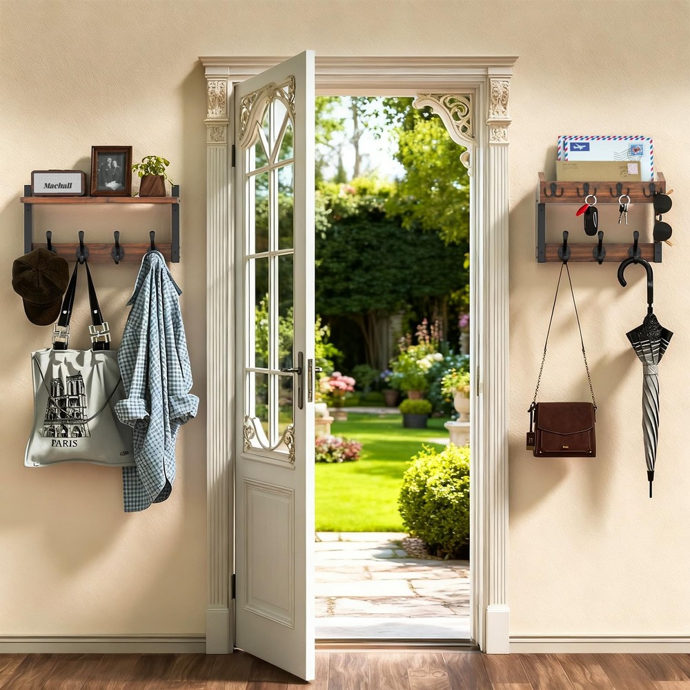 29'' Rustic Coat Rack Wall Mount with Shelf, Solid Wood Coat and Key Hanger w...