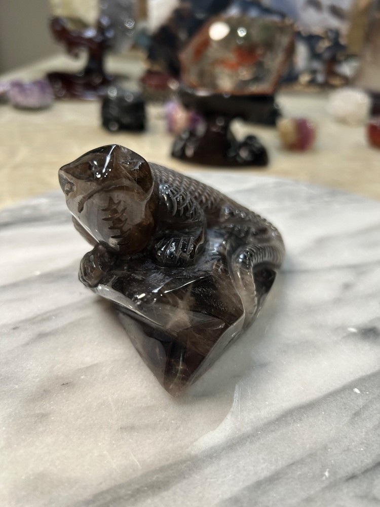 Smoky Quartz lizard carving