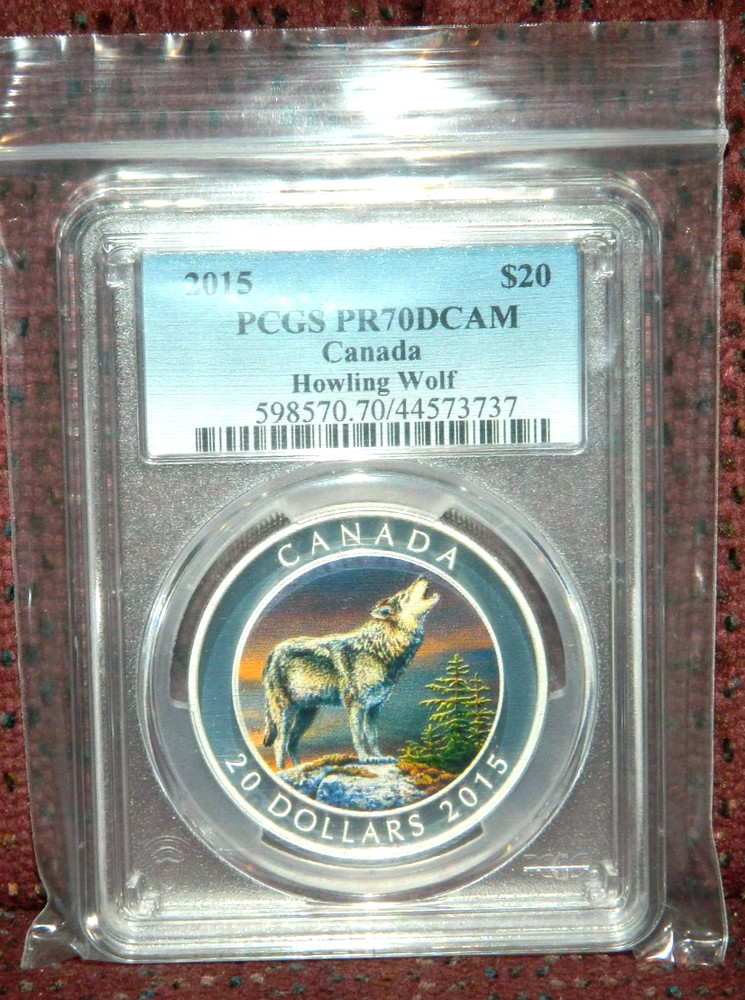 2015 CANADA $20 HOWLING WOLF - COLORIZED SILVER COIN - PCGS PR70 DCAM - POP=4