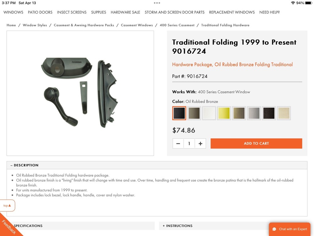 Andersen Window Hardware Pack ~ 1999 to Present ~ Oil Rubbed Bronze