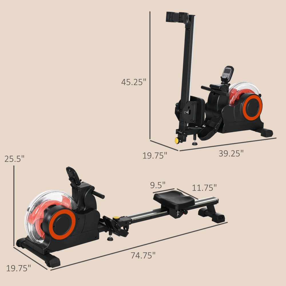 Folding Water Rower Machine w/ LCD, Adjustable Resistance & Wheels