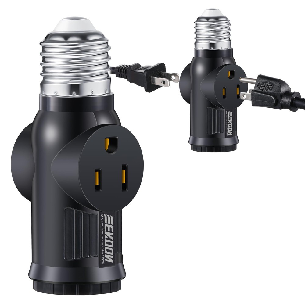 Black 3 Prong Light Socket Adapter with 2 Outlets E26 E27 Plug Converter