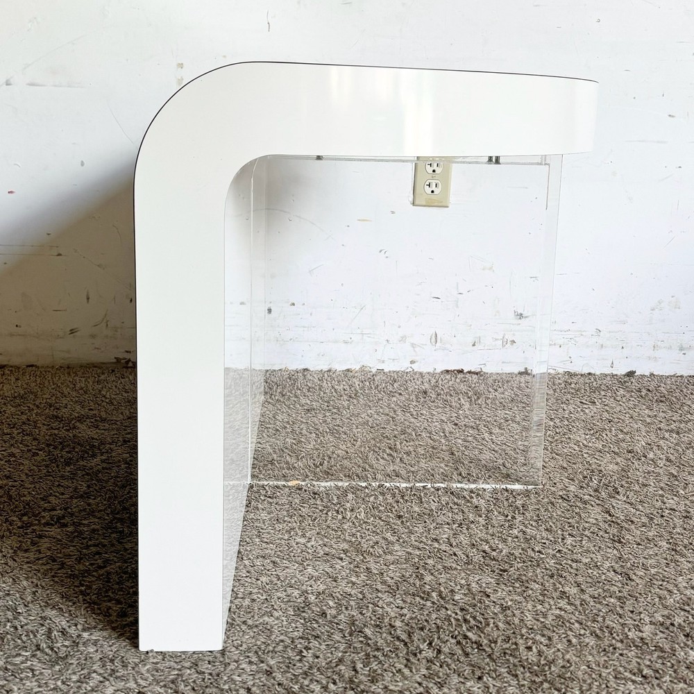 Postmodern Sculpted White Lacquer Laminate and Lucite Waterfall Side Table