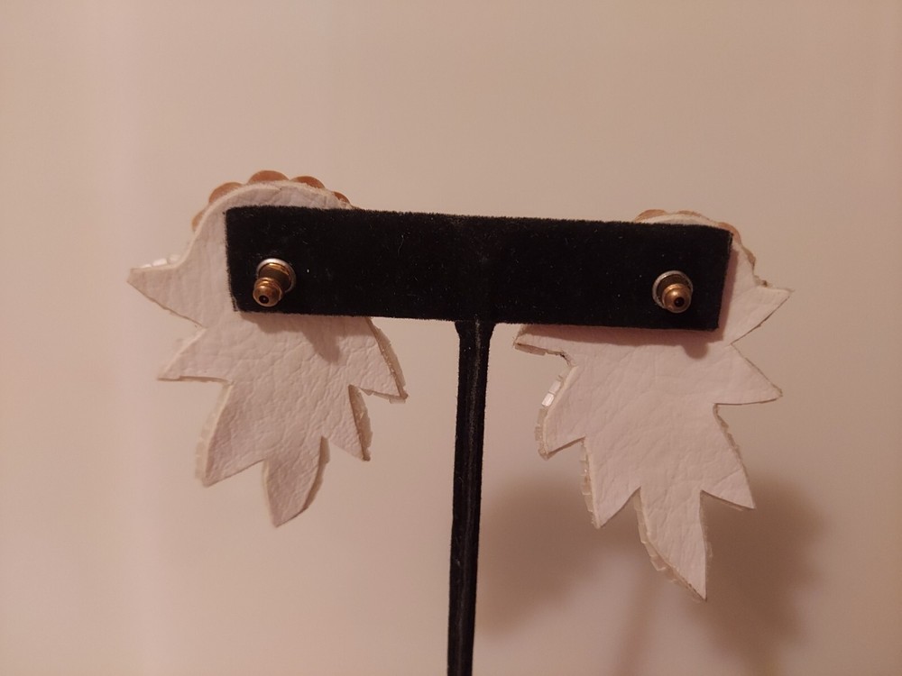 cream sequin posts earrings statement flower leaf design 2 1/8"x 1.5"